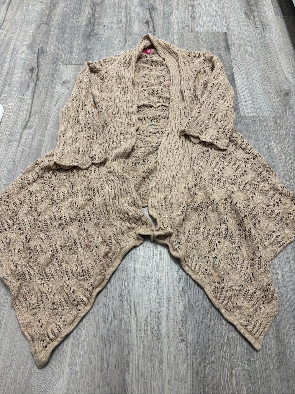 Woman Within Beige Open-Front Pointelle Knit Wrap Cardigan